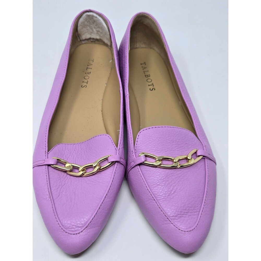 Talbots Lilac Purple Leather Loafers Gold Chain Flats Women's Size 8M Preppy